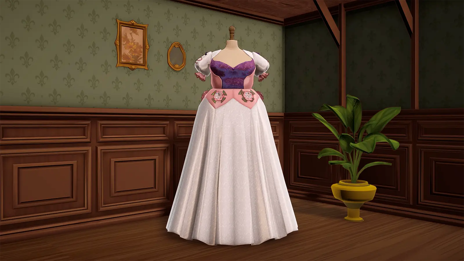 A completed pastel Dressmaker gown displayed before selling or gifting