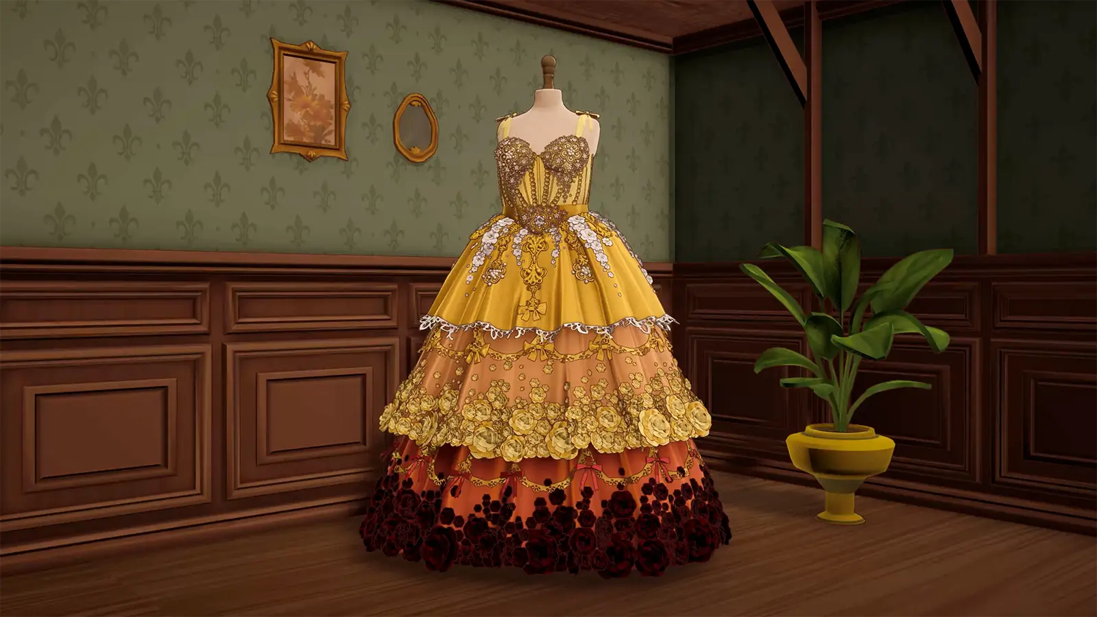 An elaborate gold and red ballgown displayed on a Dressmaker mannequin